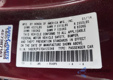 2014 Honda Accord Sport из США, поврежденный, VIN 1HGCR2F57EA123346